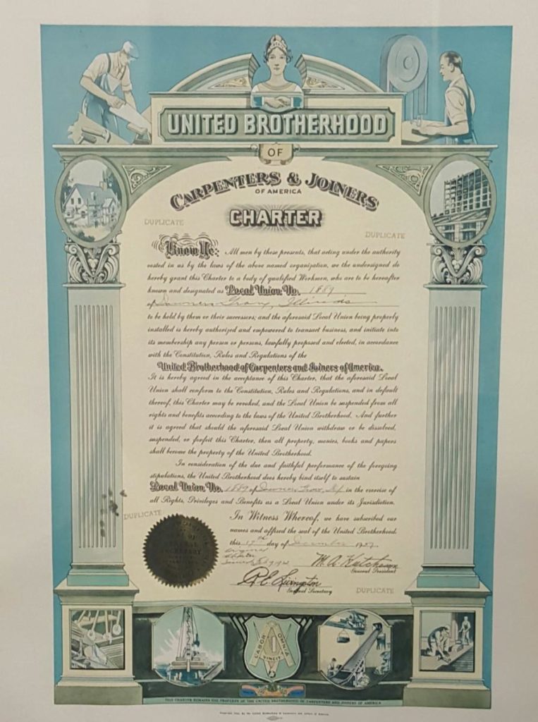 Carpenters Local 1889 historical Charter document