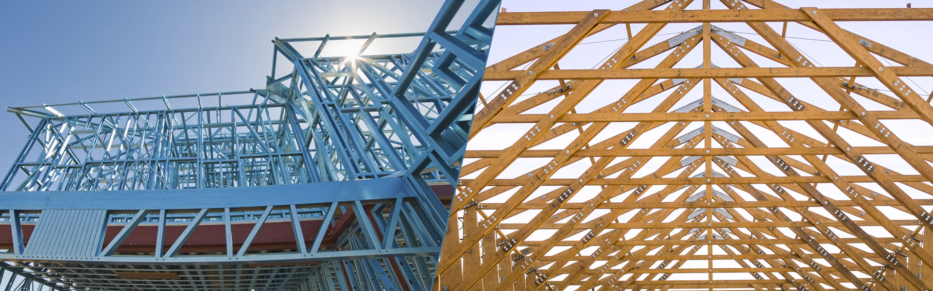 Composite image of building framing made of steel and wood