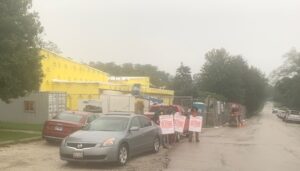 Group of carpenter picketers outside the West Suburban Humane Society in Downers Grove at 1901 Ogden Ave